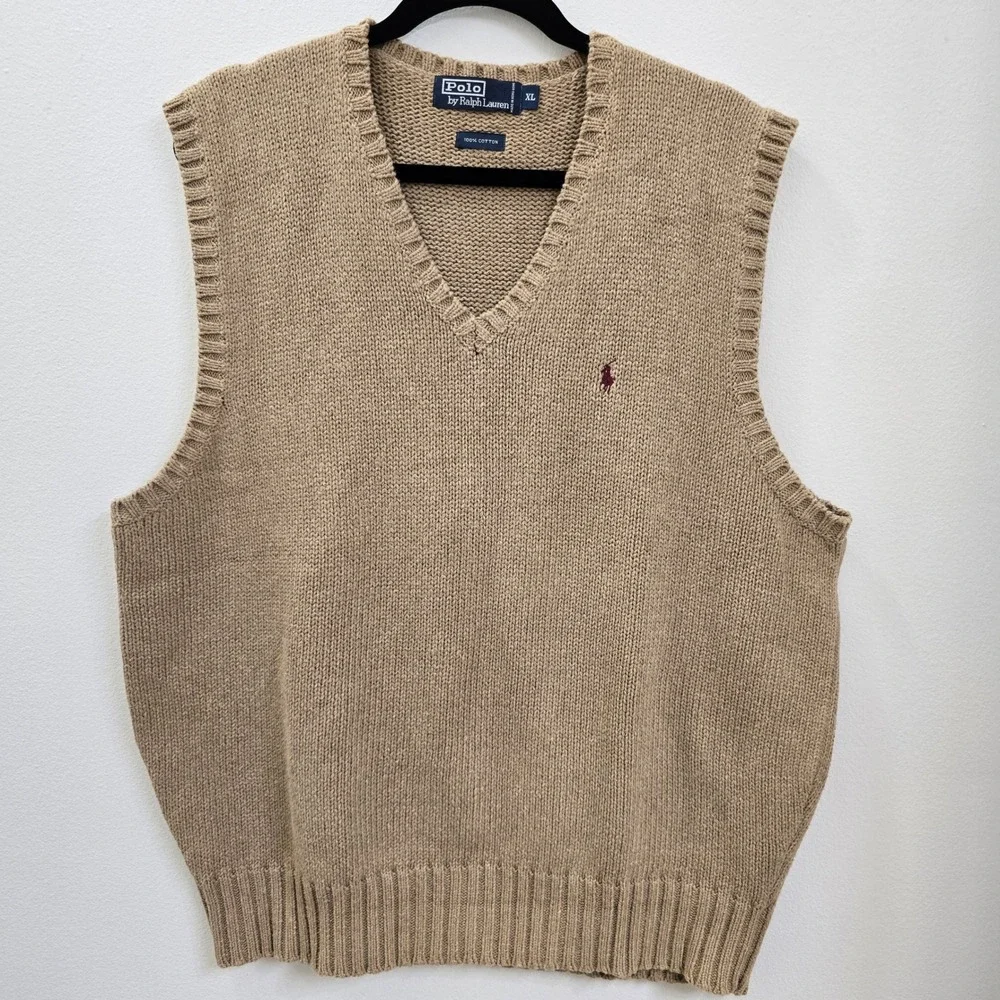 Polo Ralph Lauren Mens XL Tan Khaki Cotton V-Neck Knit Sweater Vest Pony‎ Logo